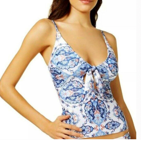 Becca NWT Naples Tankini Top Scoop Front Shelf Bra Blue White Coral Large - Picture 5 of 8
